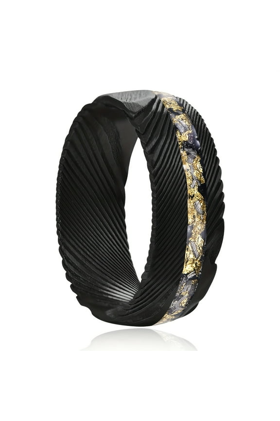 A men's Damascus steel ring, single meteorite inlay, black hammer surface, comfortable fit dome commitment ring, sizes 7-12,Black,8