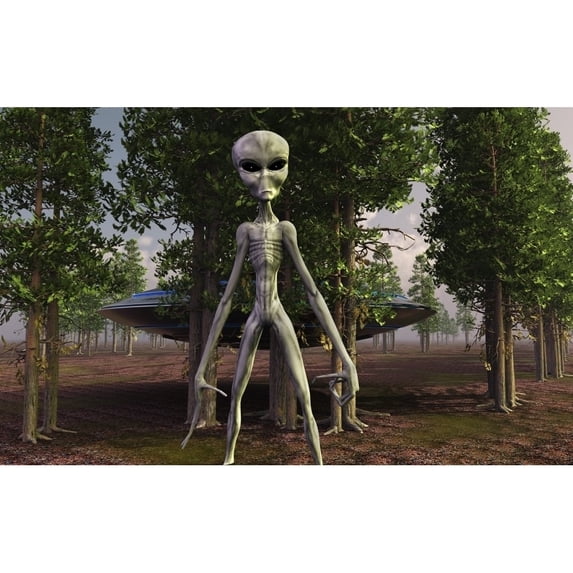 A menacaing grey alien and its spacecraft in a wooded area. Poster Print by Mark Stevenson/Stocktrek Images