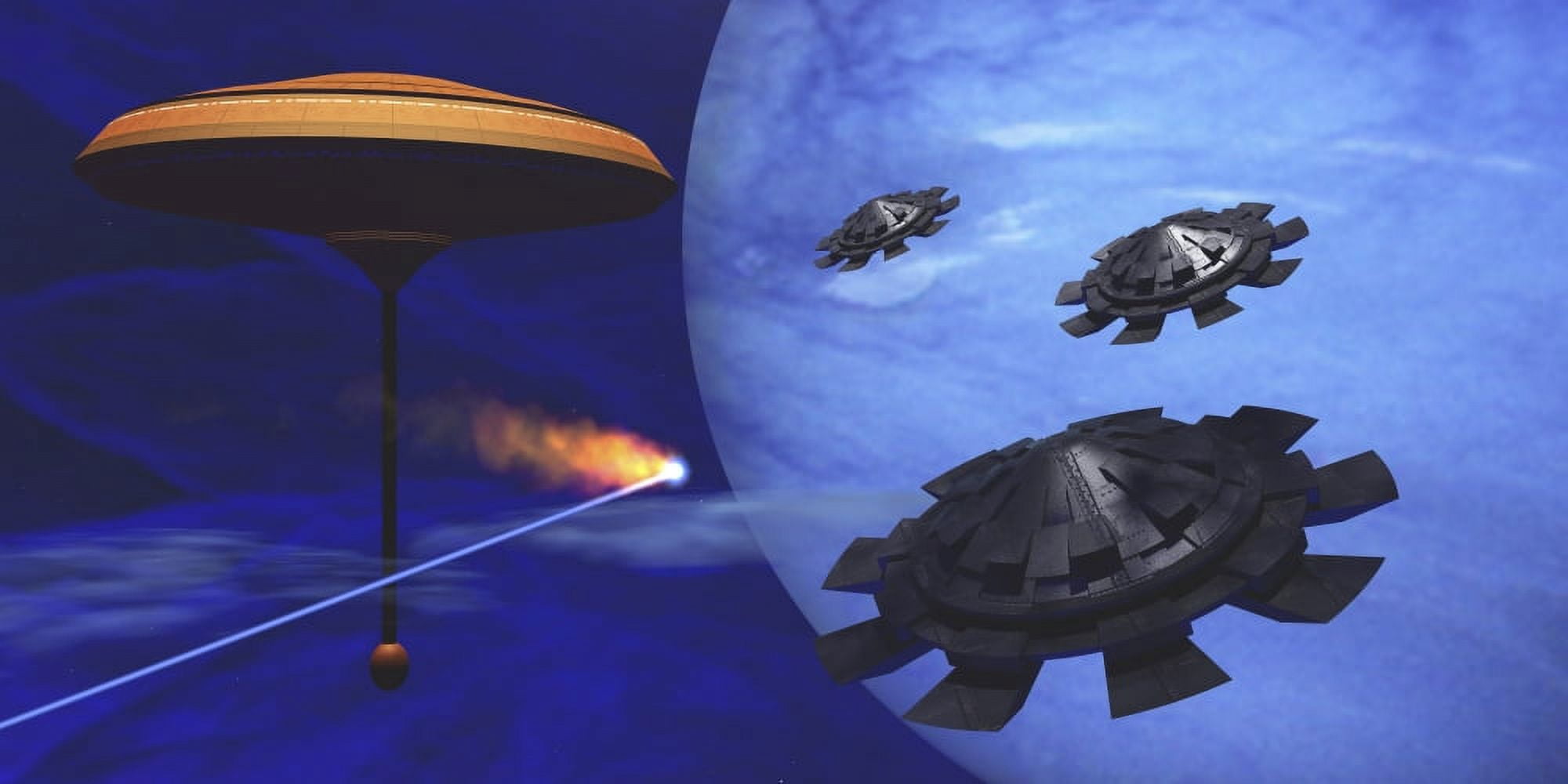 A meteor flys past a space station as three flying saucers come in for a landing Canvas Art - Corey FordStocktrek Images (20 x 10)