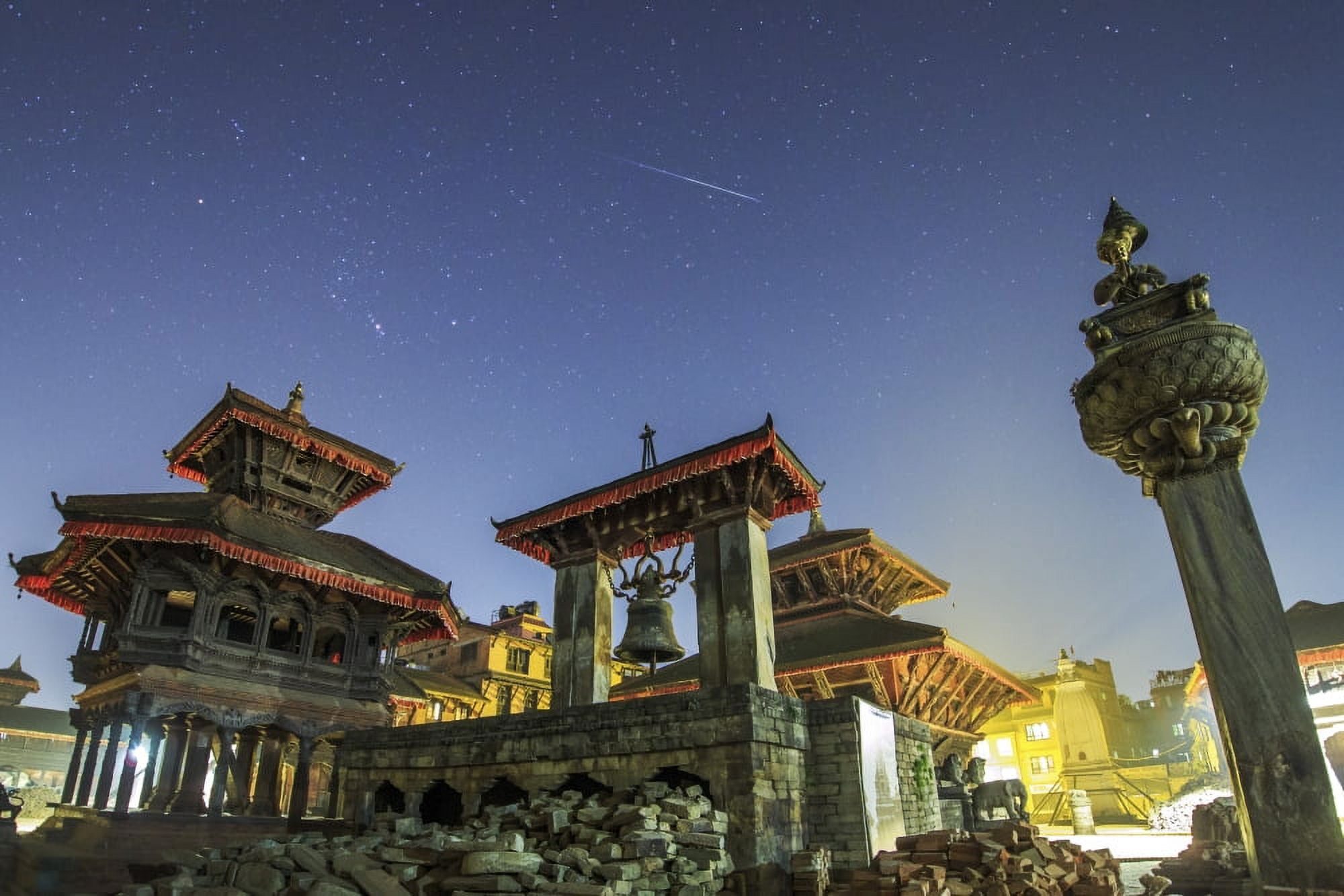 A meteor streaks the sky above Bhaktapur Durbar Square of Nepal Canvas Art - Jeff DaiStocktrek Images (34 x 23)