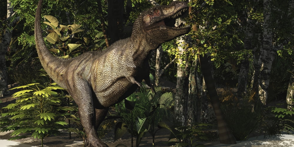 A mighty Tyrannosaurus Rex hunts for prey in a dense jungle Canvas Art - Corey FordStocktrek Images (40 x 20)