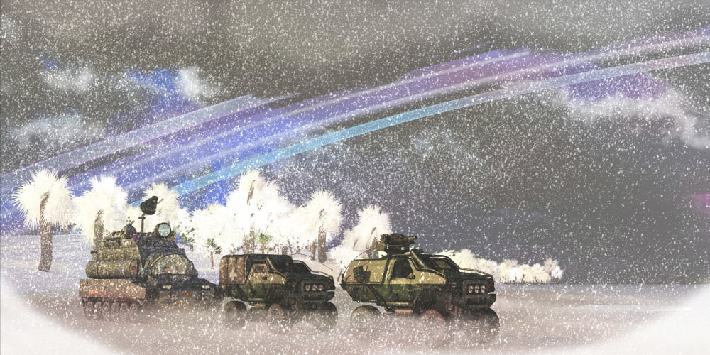 A military convoy in a sever winter storm on an alien planet Canvas Art - Corey FordStocktrek Images (40 x 20)