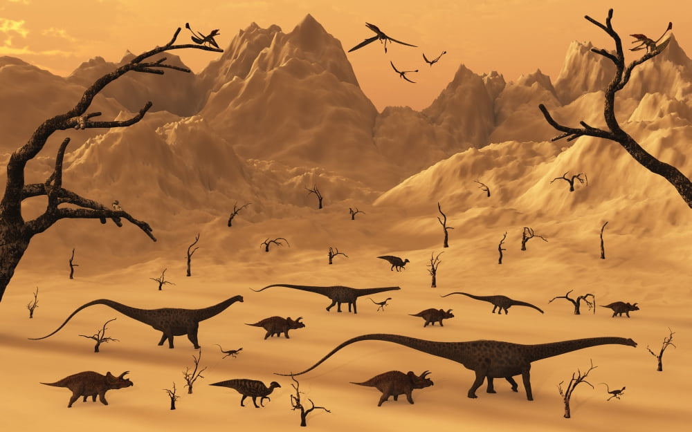 A mixed herd of dinosaurs migrate to greener pastures Canvas Art - Mark StevensonStocktrek Images (36 x 23)