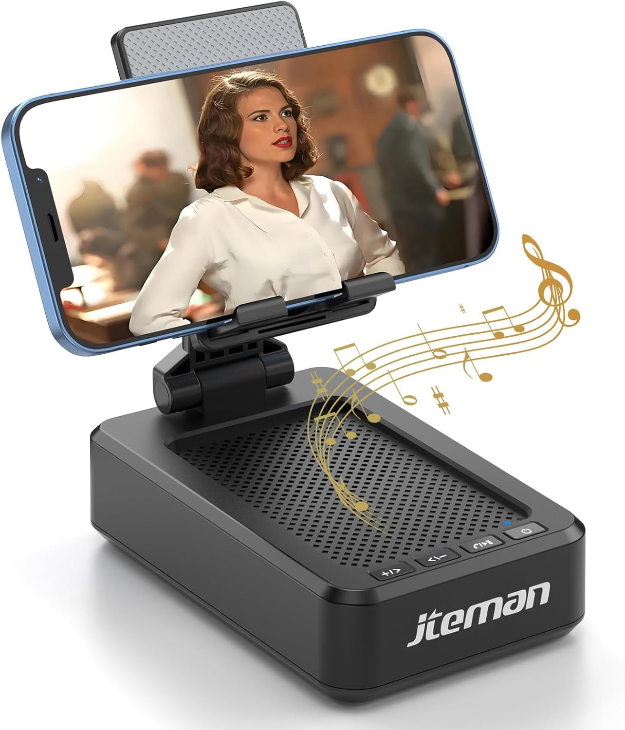 A mobile phone stand with a wireless Bluetooth speaker and a non-slip base