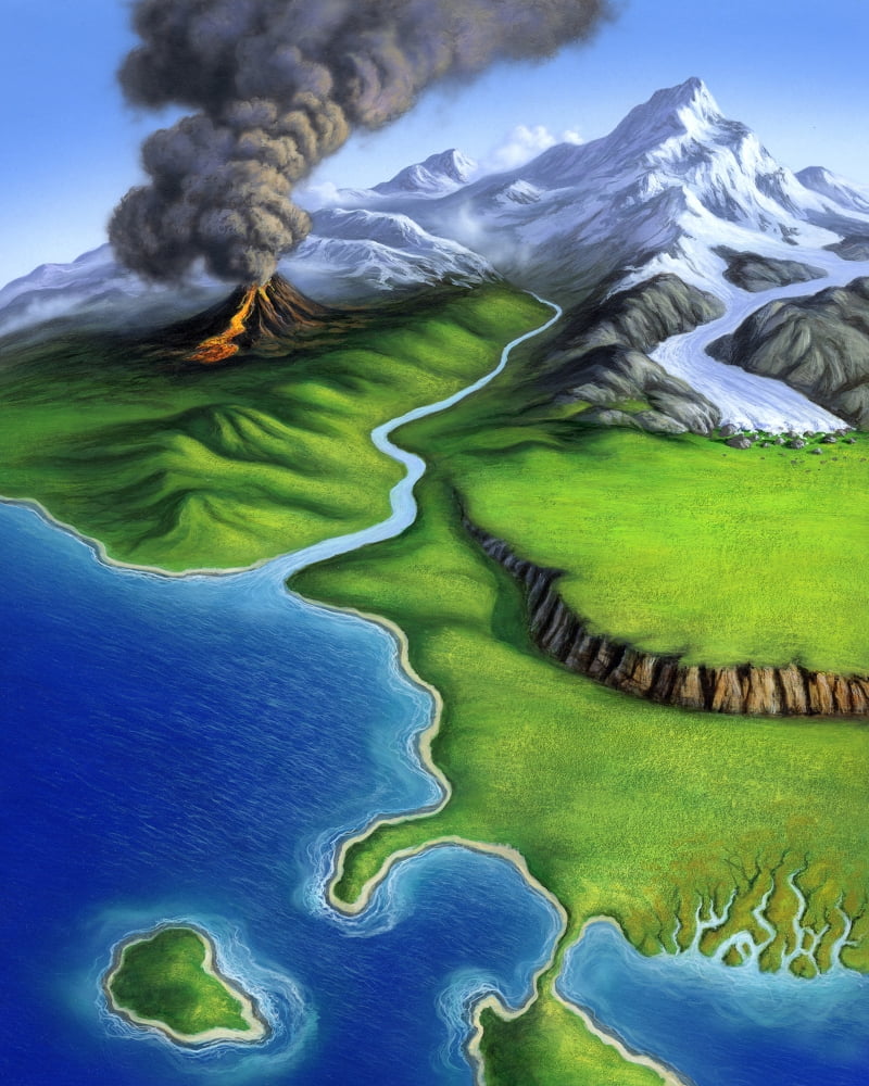 A montage of Earths features including a volcano river storm and mountains Canvas Art - Jerry LoFaroStocktrek Images (13 x 16)