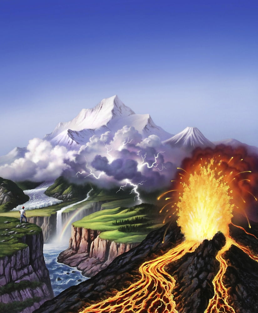 A montage of Earths features including a volcano river storm and mountains Canvas Art - Jerry LoFaroStocktrek Images (26 x 32)