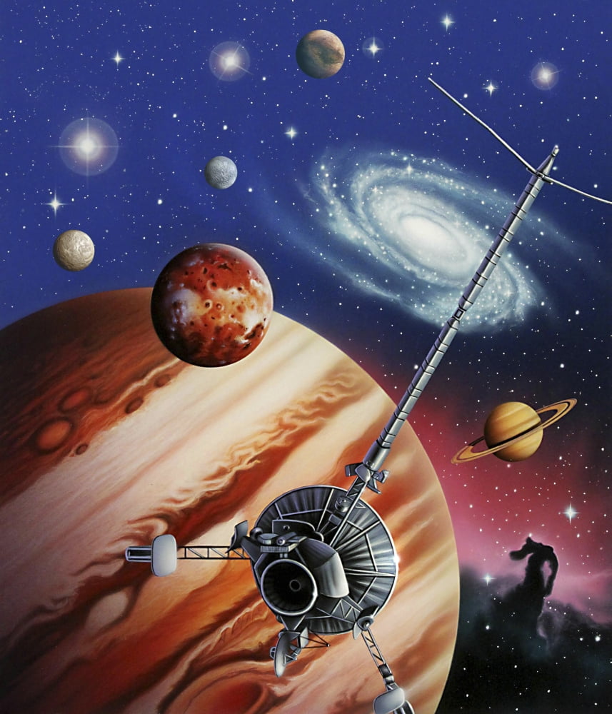 A montage of the universe featuring astronomical objects and an exploratory craft Canvas Art - Jerry LoFaroStocktrek Images (26 x 31)