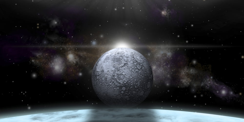 A moon rises above a stormy gas giant planet Canvas Art - Marc WardStocktrek Images (20 x 10)