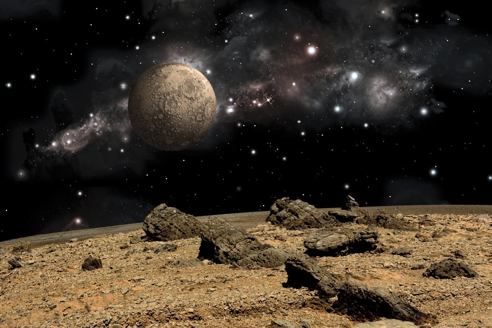 A moon rises over a rocky and barren alien landscape Canvas Art - Marc WardStocktrek Images (18 x 12)