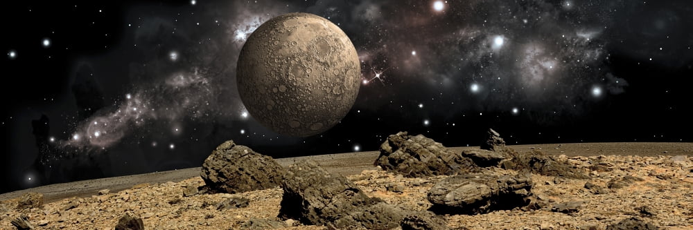 A moon rises over a rocky and barren alien landscape Canvas Art - Marc WardStocktrek Images (24 x 8)