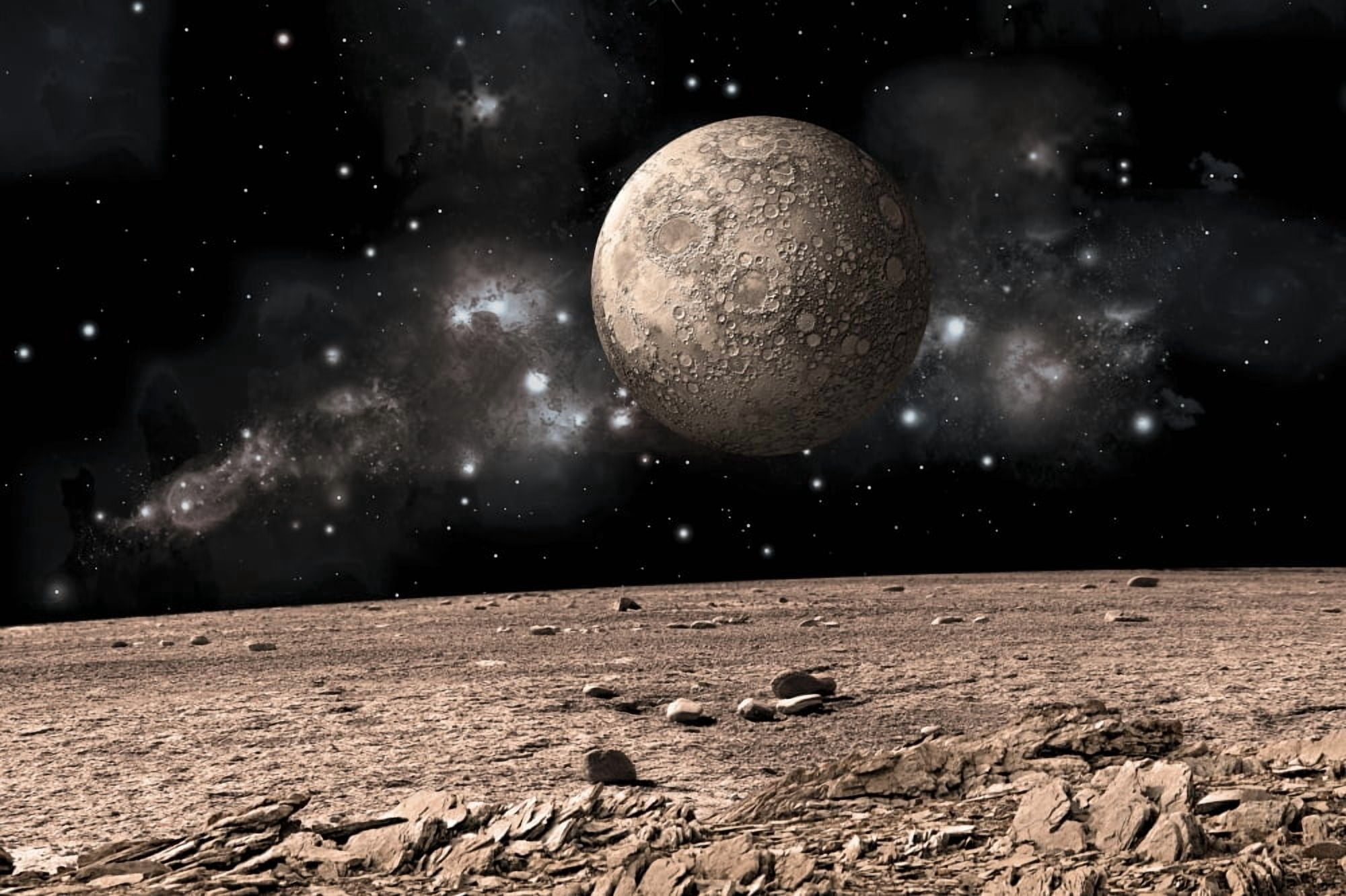 A moon rises over a rocky and barren alien landscape Canvas Art - Marc WardStocktrek Images (34 x 23)