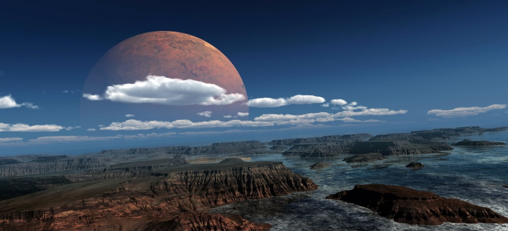 A moon rises over a young world Canvas Art - Frieso HoevelkampStocktrek Images (42 x 19)
