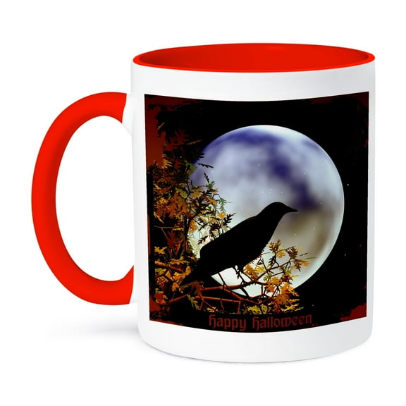3dRose, A moon with crow halloween design, 11oz Two-Tone Red Mug