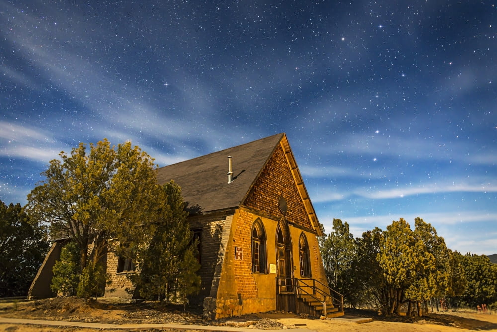 A moonlit nightscape of the historic Hearst Church in Pinos Altos New Mexico Canvas Art - Alan DyerStocktrek Images (17 x 12)
