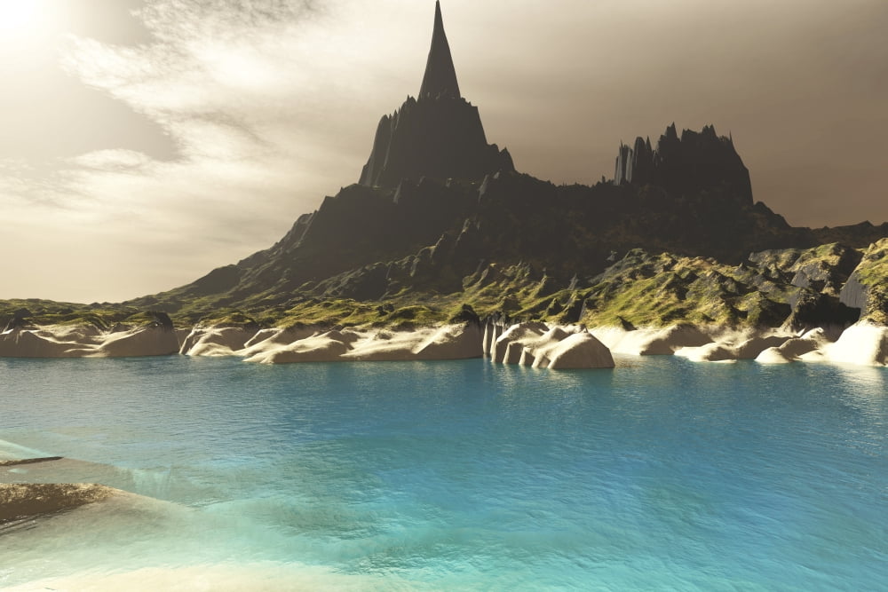 A mountain spire overlooking the turquoise waters of a sea inlet Canvas Art - Corey FordStocktrek Images (35 x 23)