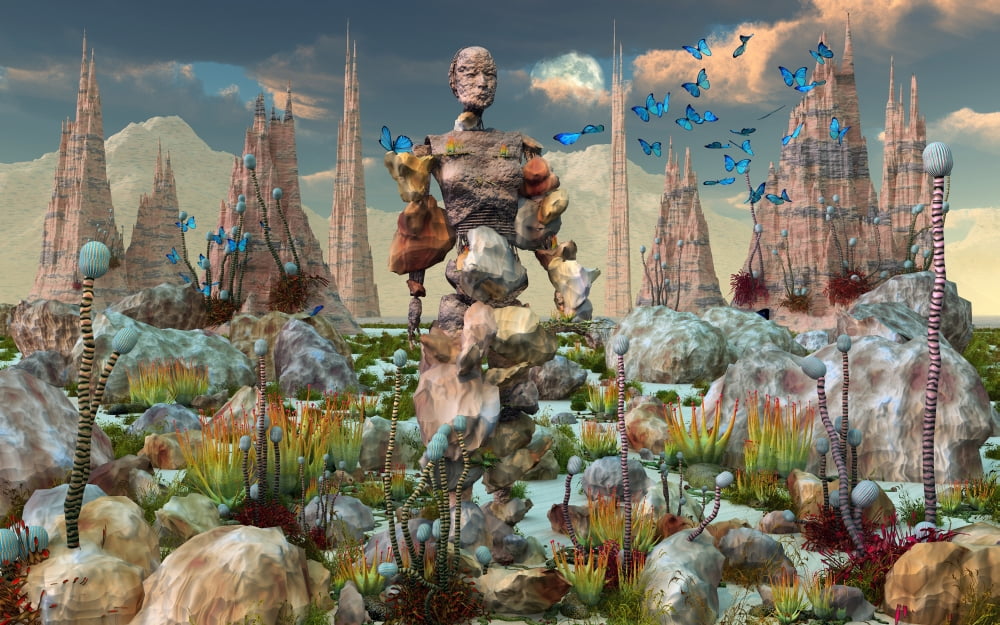 A mysterious stone android stands alone on an alien planet Canvas Art - Mark StevensonStocktrek Images (36 x 23)