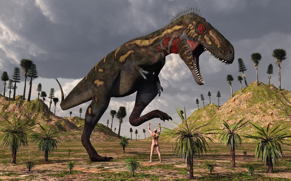 A nano-tyrannosaurus takes on Adam the first man Canvas Art - Mark StevensonStocktrek Images (18 x 12)