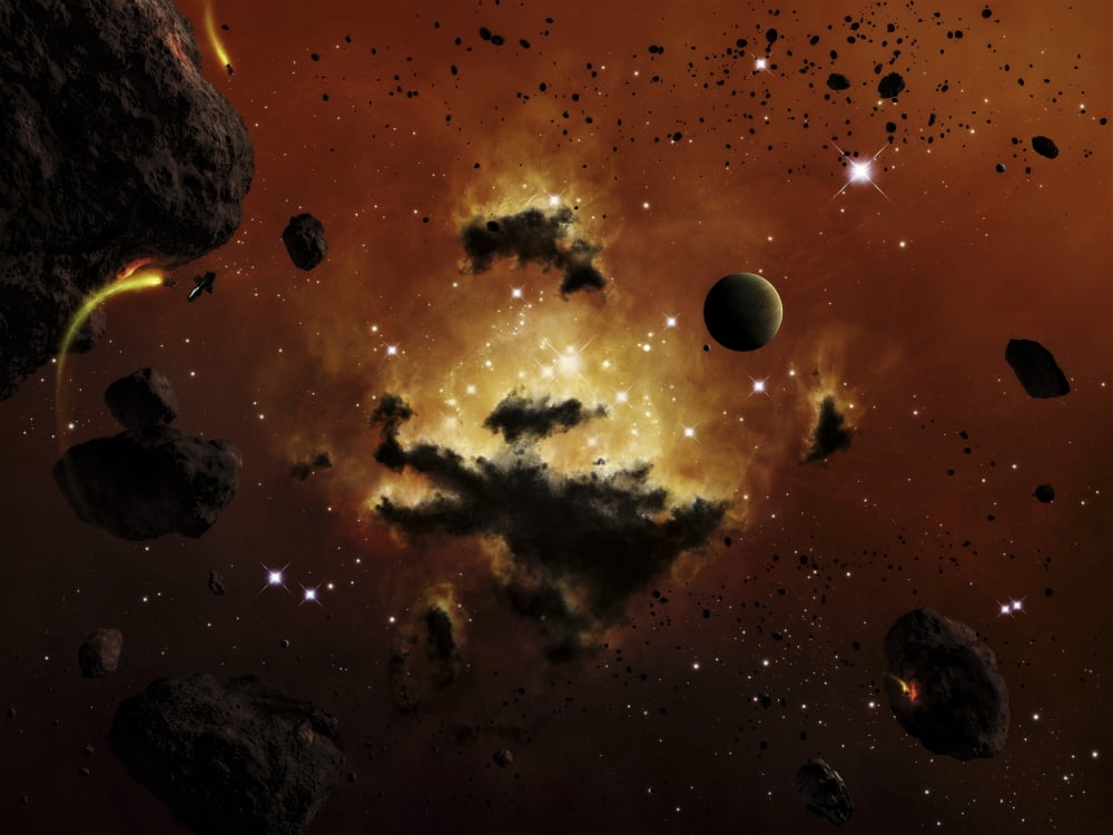 A nebula evaporates in the far distance of an asteroid field Canvas Art - Brian ChristensenStocktrek Images (33 x 25)