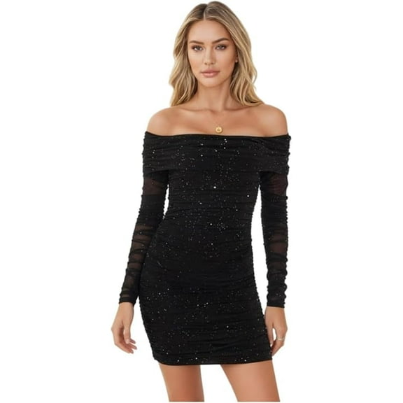 A one-shoulder long-sleeved, sparkling, body conscious mini party dress for women