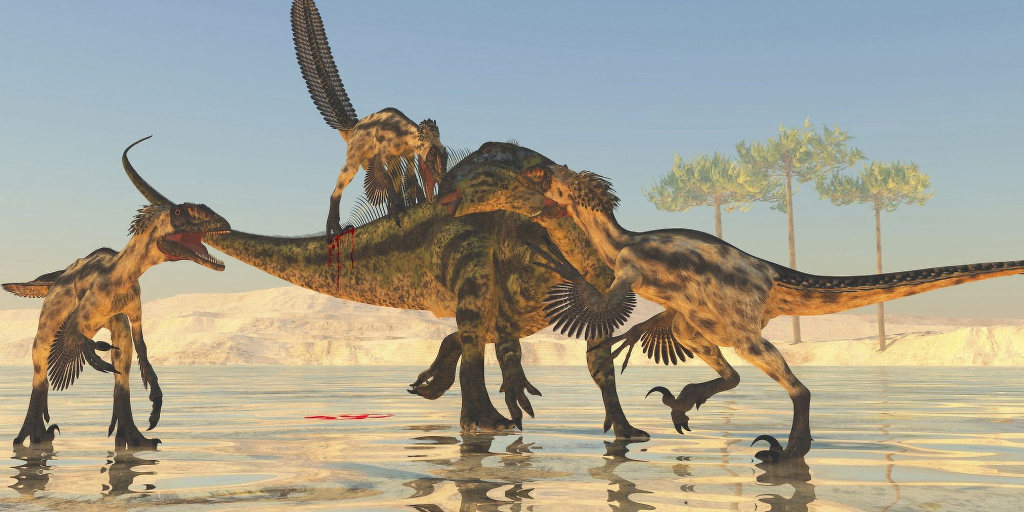 A pack of Deinonychus dinosaurs attack a Tenontosaurus Canvas Art - Corey FordStocktrek Images (20 x 10)