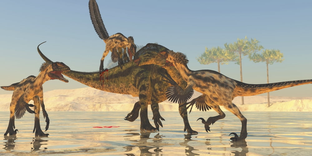 A pack of Deinonychus dinosaurs attack a Tenontosaurus Canvas Art - Corey FordStocktrek Images (40 x 20)