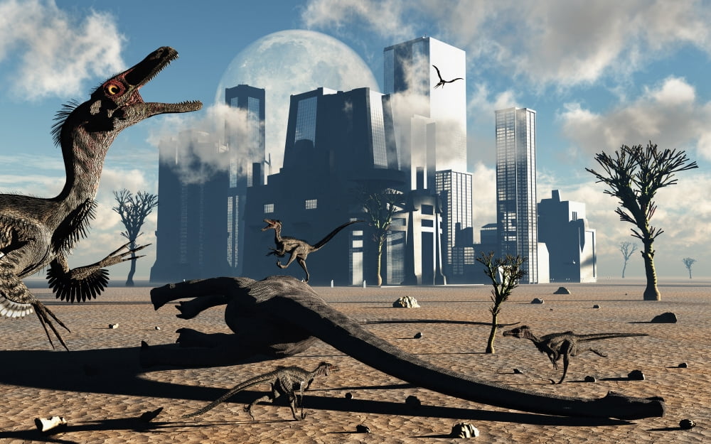 A pack of Velociraptors come across a giant sauropod carcass as their next meal Canvas Art - Mark StevensonStocktrek Images (18 x 12)