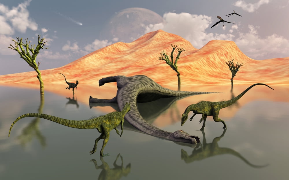 A pack of carnivorous Dilophosaurus discover a dead sauropod Canvas Art - Mark StevensonStocktrek Images (18 x 12)