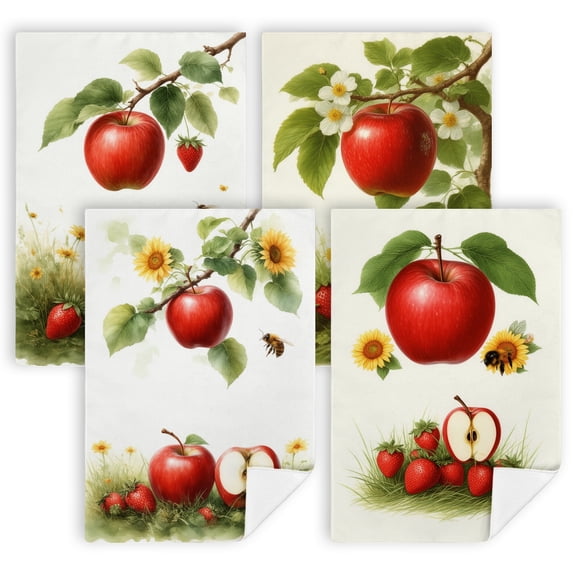 A painting of a red apple hanging from a tree branchkitchen towels4 PC 16x24 Inch decorative towels for kitchen