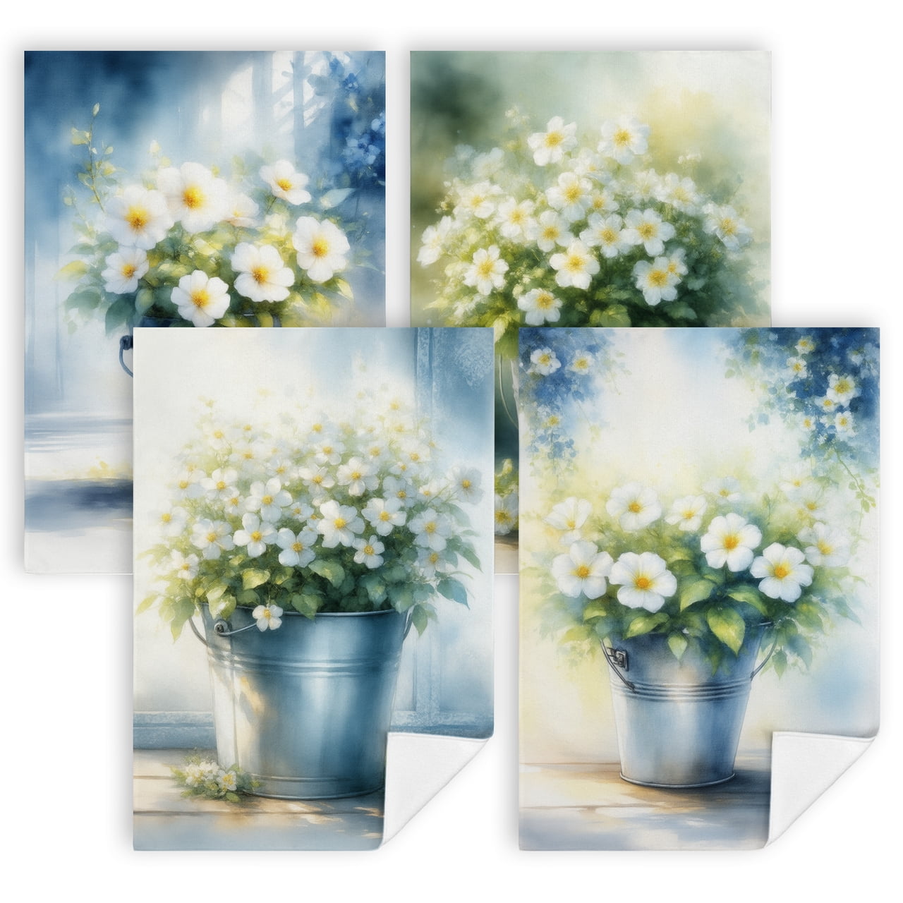 Image showcasing A painting of white flowers in a metal bucketdish towelsSet of 4 16x24 ...
