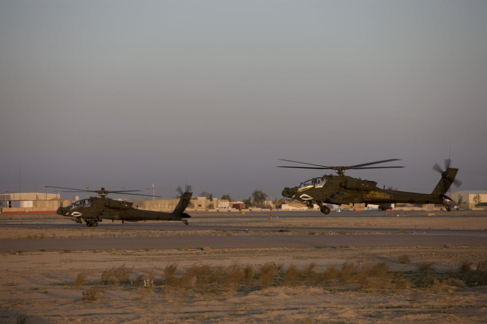 A pair AH-64D Apache Longbow Block III attack helicopters prepare for takeoff Canvas Art - Terry MooreStocktrek Images (18 x 12)