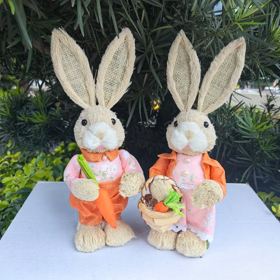 【A pair of 35cm straw rabbits】Handmade crafts, pastoral style ornaments, vintage forest-themed home and shop decoration