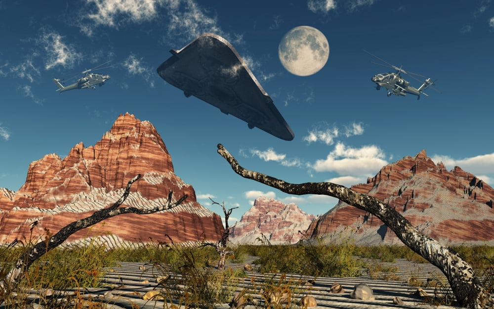 A pair of AH-64 Apache Black Ops helicopters chasing a UFO Canvas Art - Mark StevensonStocktrek Images (36 x 23)