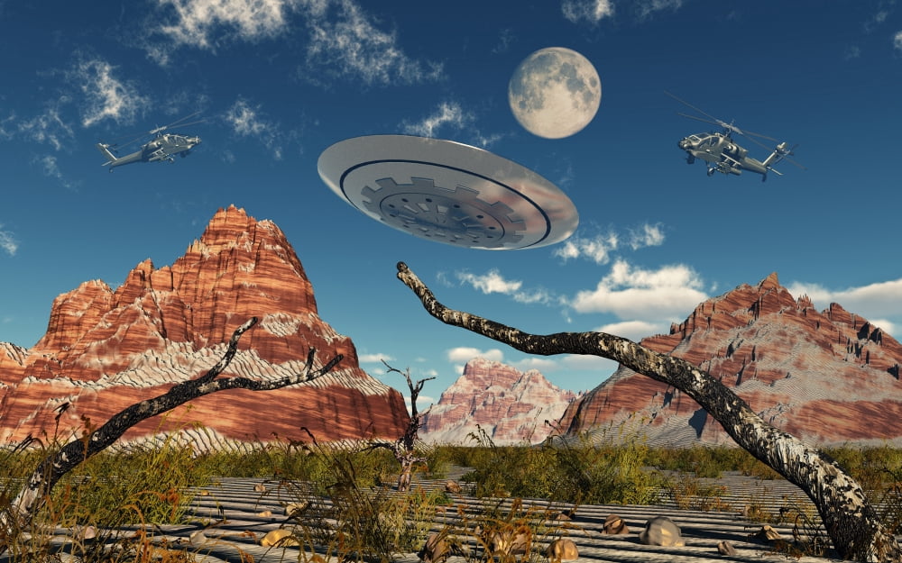 A pair of AH-64 Apache Black Ops helicopters chasing a flying saucer Canvas Art - Mark StevensonStocktrek Images (36 x 23)