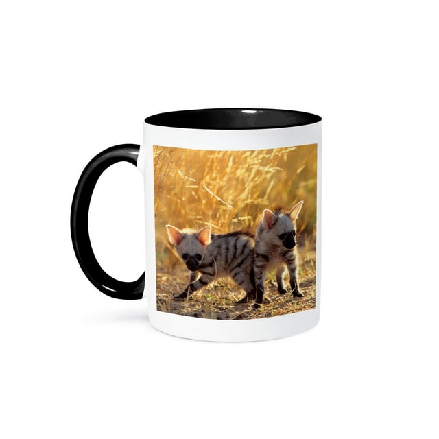 3dRose, A pair of Aardwolf cubs at play., 11oz Two-Tone Black Mug