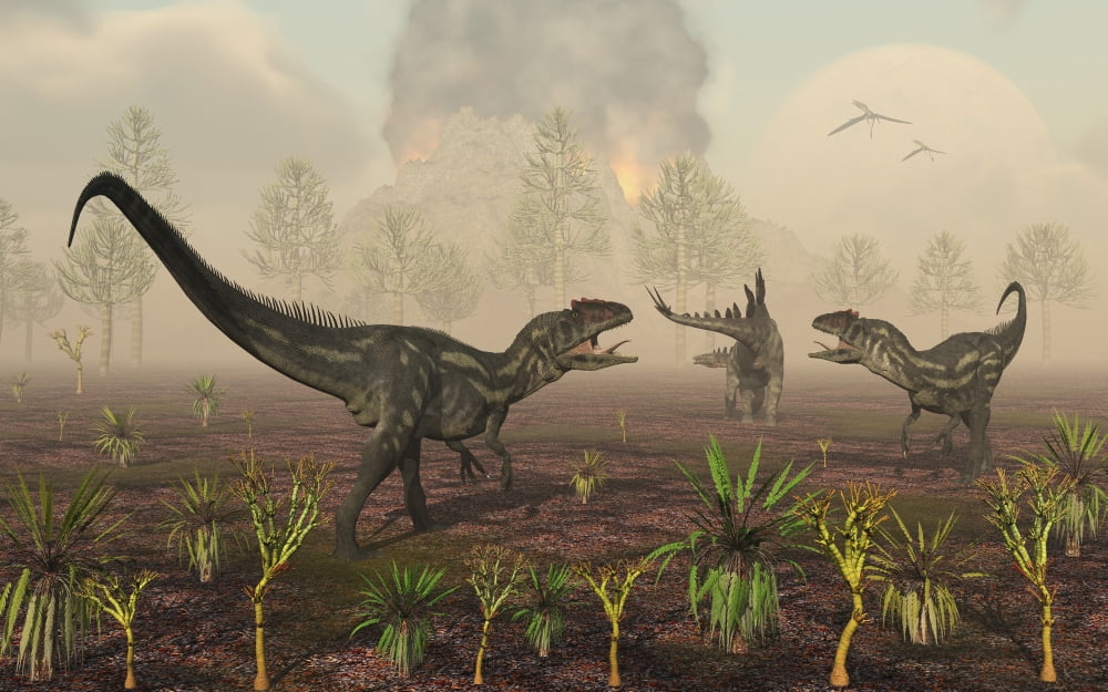 A pair of Allosaurus dinosaurs tracking down a lone Stegosaurus Canvas Art - Mark StevensonStocktrek Images (18 x 12)