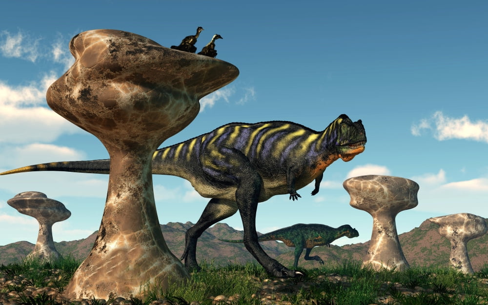 A pair of Aucasaurus dinosaurs walk amongst a forest of stone sculptures Canvas Art - Daniel EskridgeStocktrek Images (18 x 12)