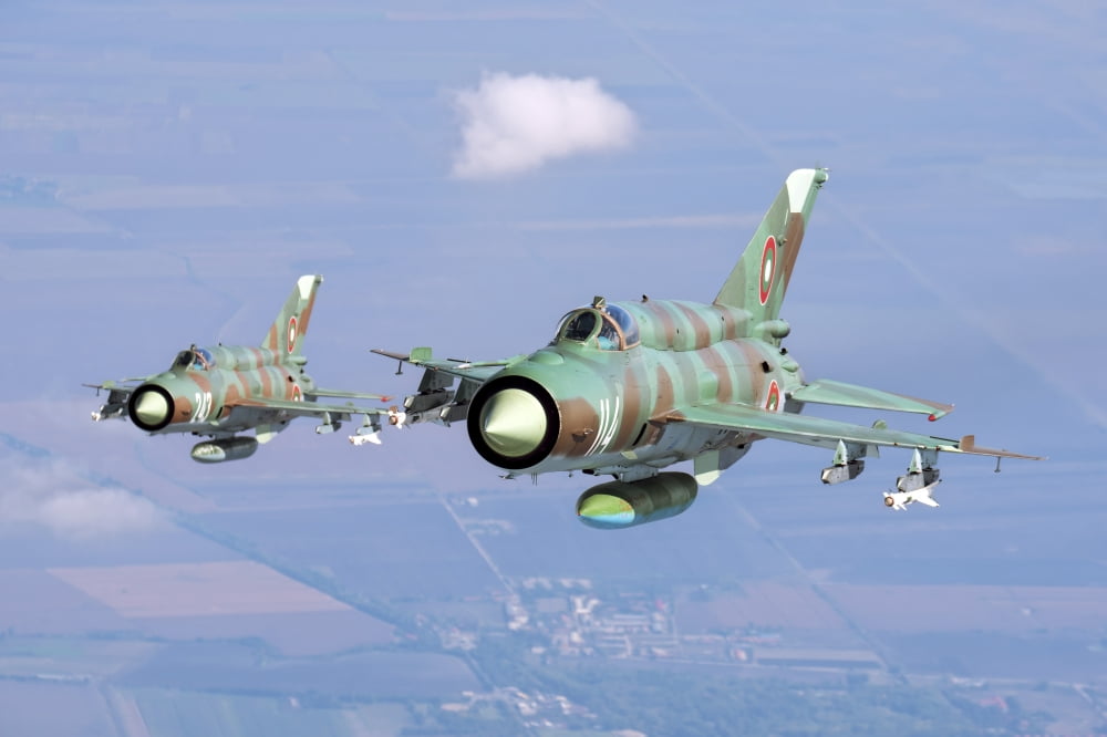 A pair of Bulgarian Air Force MiG-21bis planes armed with R-60 missiles Canvas Art - Daniele FaccioliStocktrek Images (34 x 23)