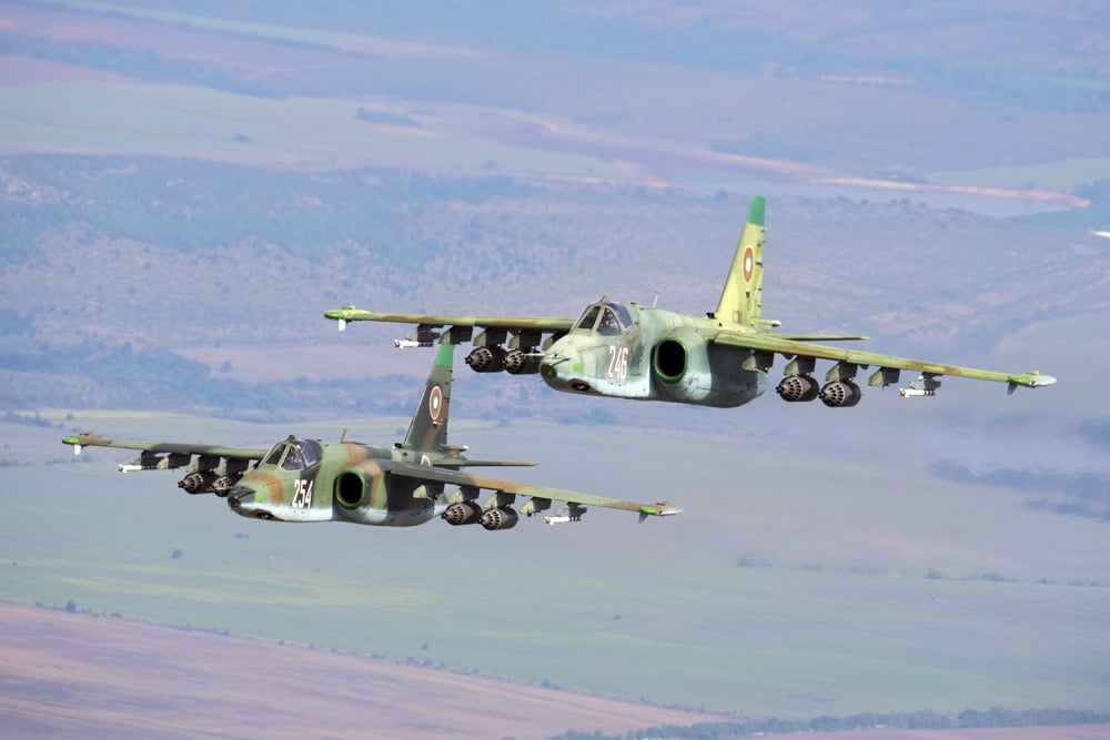 A pair of Bulgarian Air Force Sukhoi Su-25s flying over Bulgaria Canvas Art - Daniele FaccioliStocktrek Images (17 x 12)