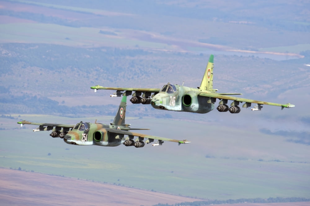 A pair of Bulgarian Air Force Sukhoi Su-25s flying over Bulgaria Canvas Art - Daniele FaccioliStocktrek Images (34 x 23)