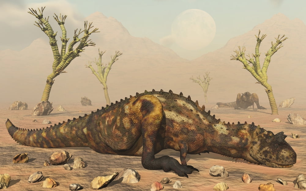 A pair of Carnotaurus dinosaurs waiting out a sandstorm Canvas Art - Mark StevensonStocktrek Images (36 x 23)