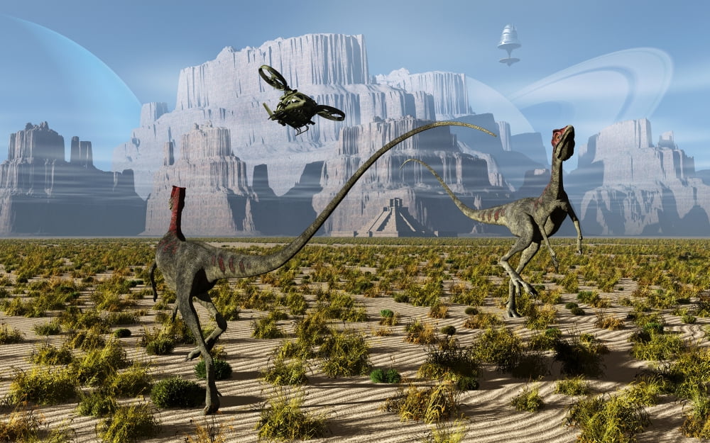 A pair of Compsognathus dinosaurs startled by an approaching helicopter Canvas Art - Mark StevensonStocktrek Images (18 x 12)