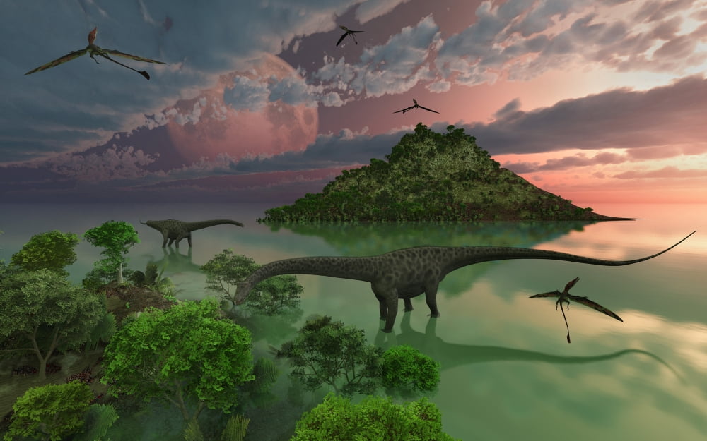 A pair of Diplodocus dinosaurs during Earths Jurassic era Canvas Art - Mark StevensonStocktrek Images (18 x 12)