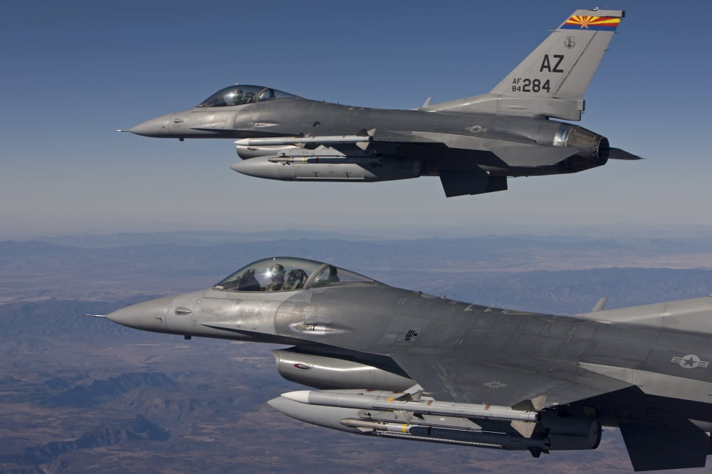 A pair of F-16s fly in formation over Arizona Canvas Art - HIGH-G ProductionsStocktrek Images (18 x 12)
