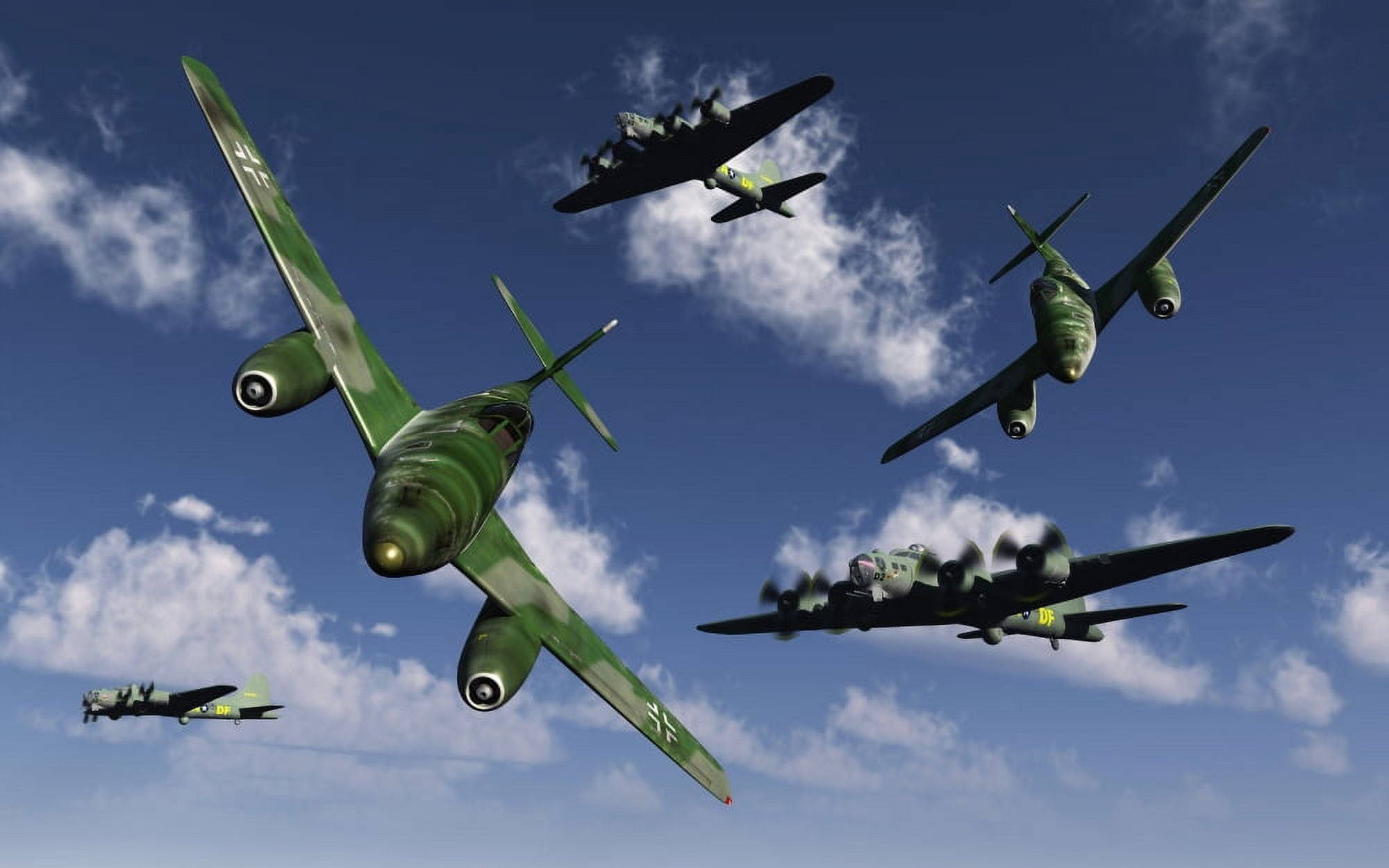 A pair of German Me 262 jetfighters attacking B-17 Flying Fortress bombers Canvas Art - Mark StevensonStocktrek Images (36 x 23)