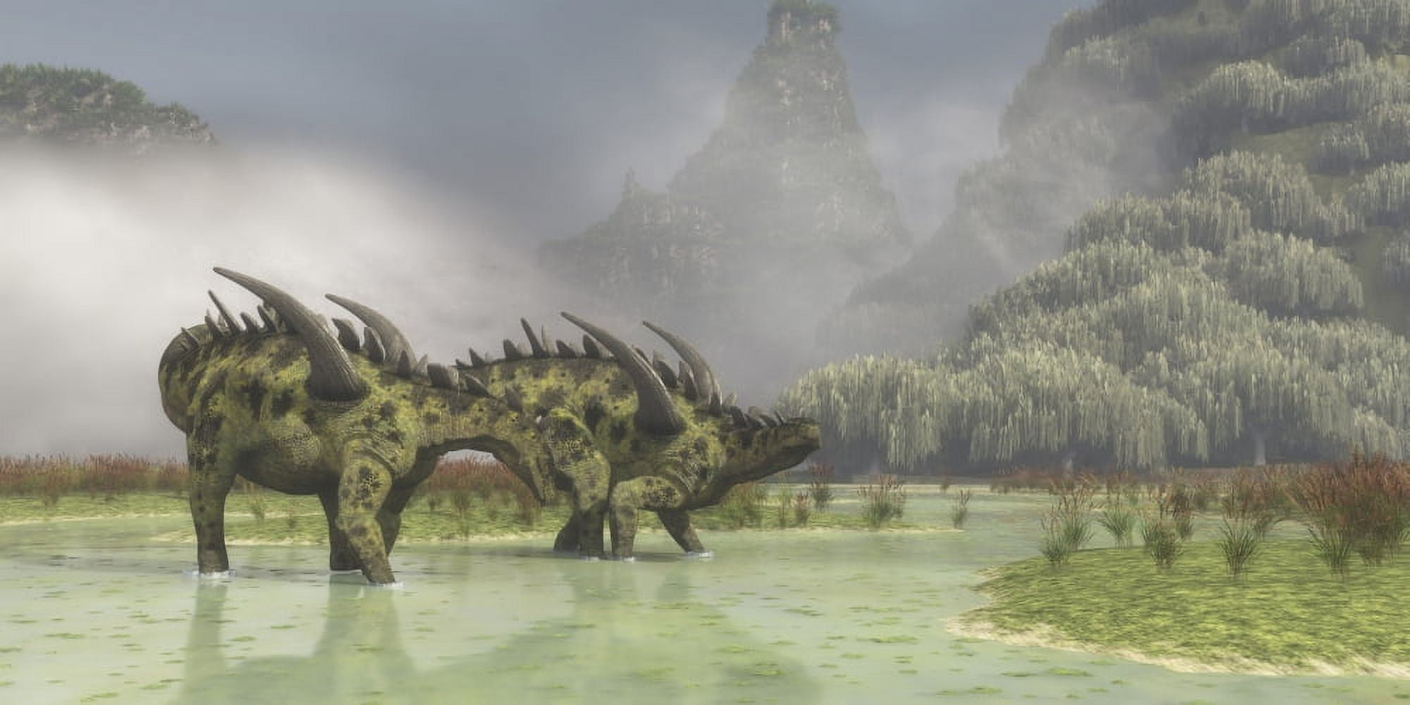 A pair of Gigantspinosaurus dinosaurs roaming in the wetlands of China Canvas Art - Corey FordStocktrek Images (40 x 20)