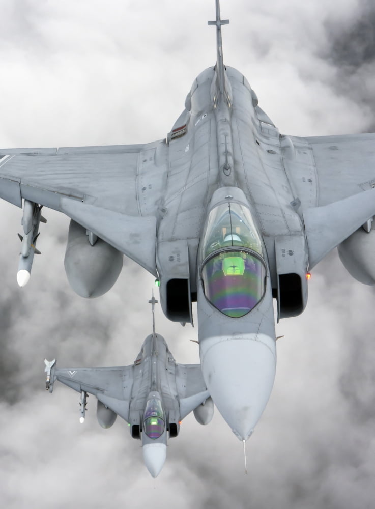 A pair of Hungarian Air Force JAS-39 Gripen over Lithuania Canvas Art - Giovanni CollaStocktrek Images (12 x 16)