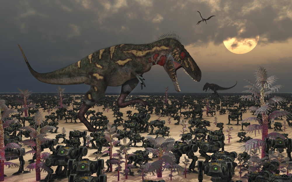 A pair of Nanotyrannus amongst an invasion of migrating robots Canvas Art - Mark StevensonStocktrek Images (18 x 12)
