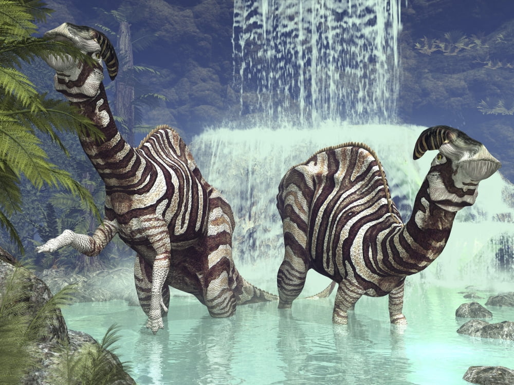 A pair of Parasaurolophus feed on flora near a waterfall Canvas Art - Walter MyersStocktrek Images (17 x 13)