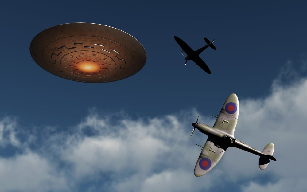 A pair of Royal Air Force Supermarine Spitfires giving chase to a UFO Canvas Art - Mark StevensonStocktrek Images (36 x 23)