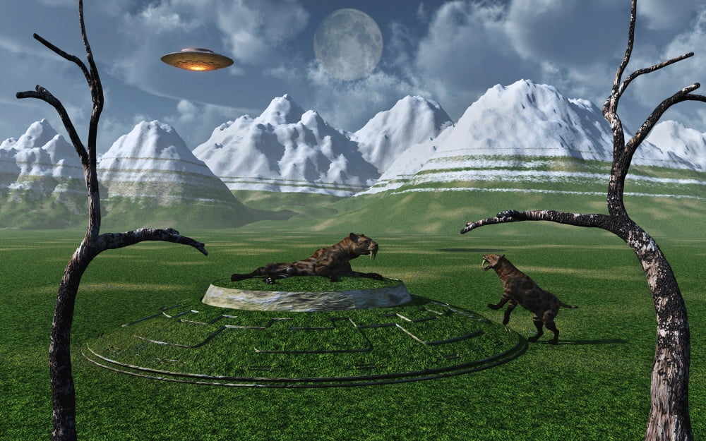 A pair of Sabre-Tooth Tigers encountering UFOs Canvas Art - Mark StevensonStocktrek Images (18 x 12)